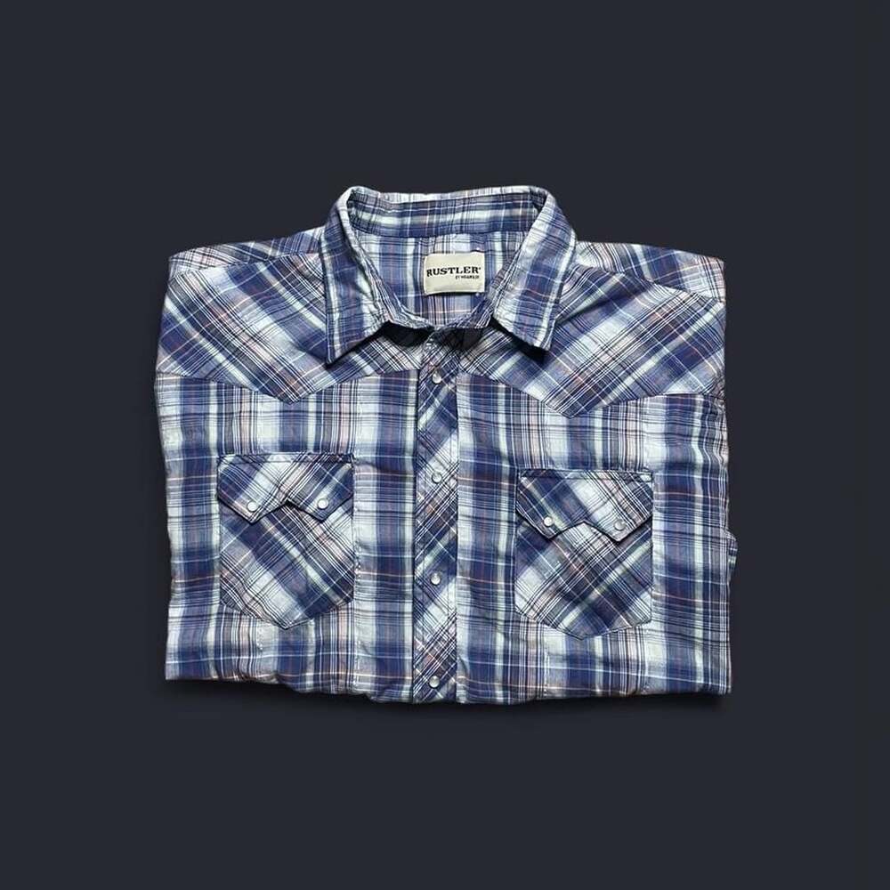 Rustler Wrangler Pearl Snap Shirt Men’s 3XL xxxl Plaid Reflective Blue White sho